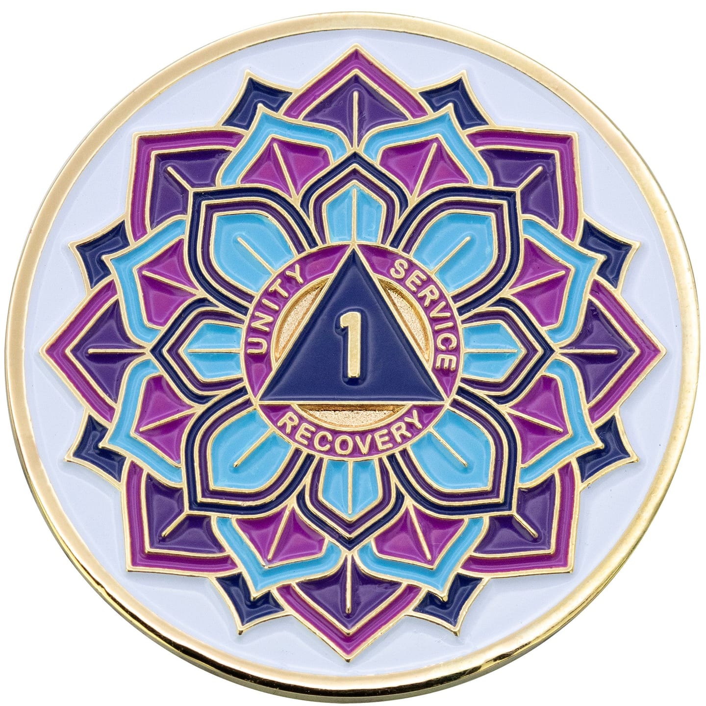 Customer photo review of 23 Year Sobriety Mint 'In Bloom' Lotus Flower Gold Plated AA Recovery Medallion - Twenty-Three Year Chip/Coin - White