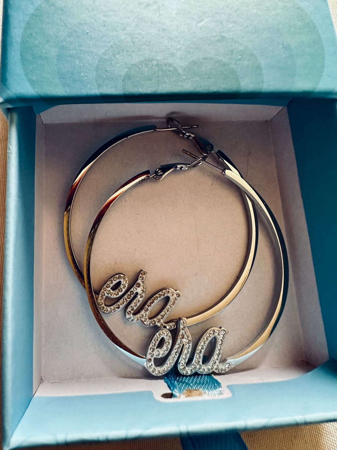 Customer photo review of Silver Precious Era Logo Hoops