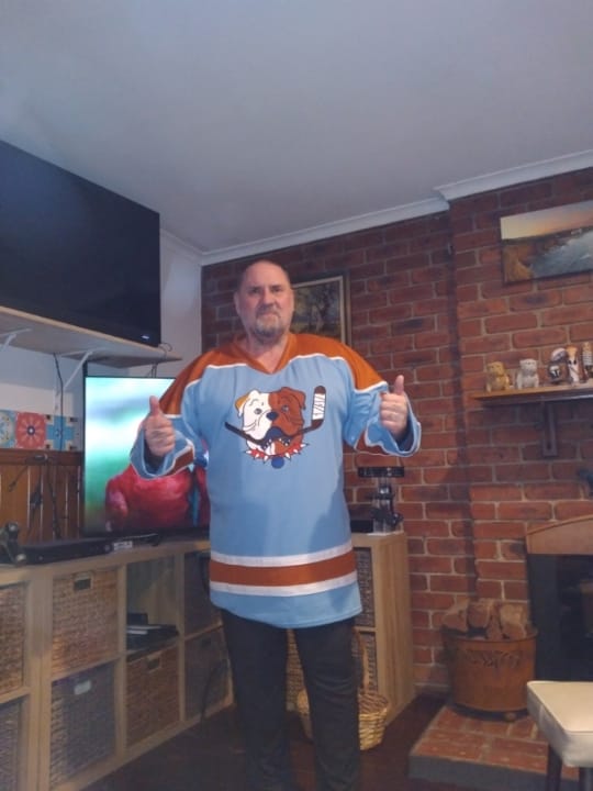 Customer photo review of Shoresy 69 Sudbury Blueberry Bulldogs Hockey Jersey Sweater