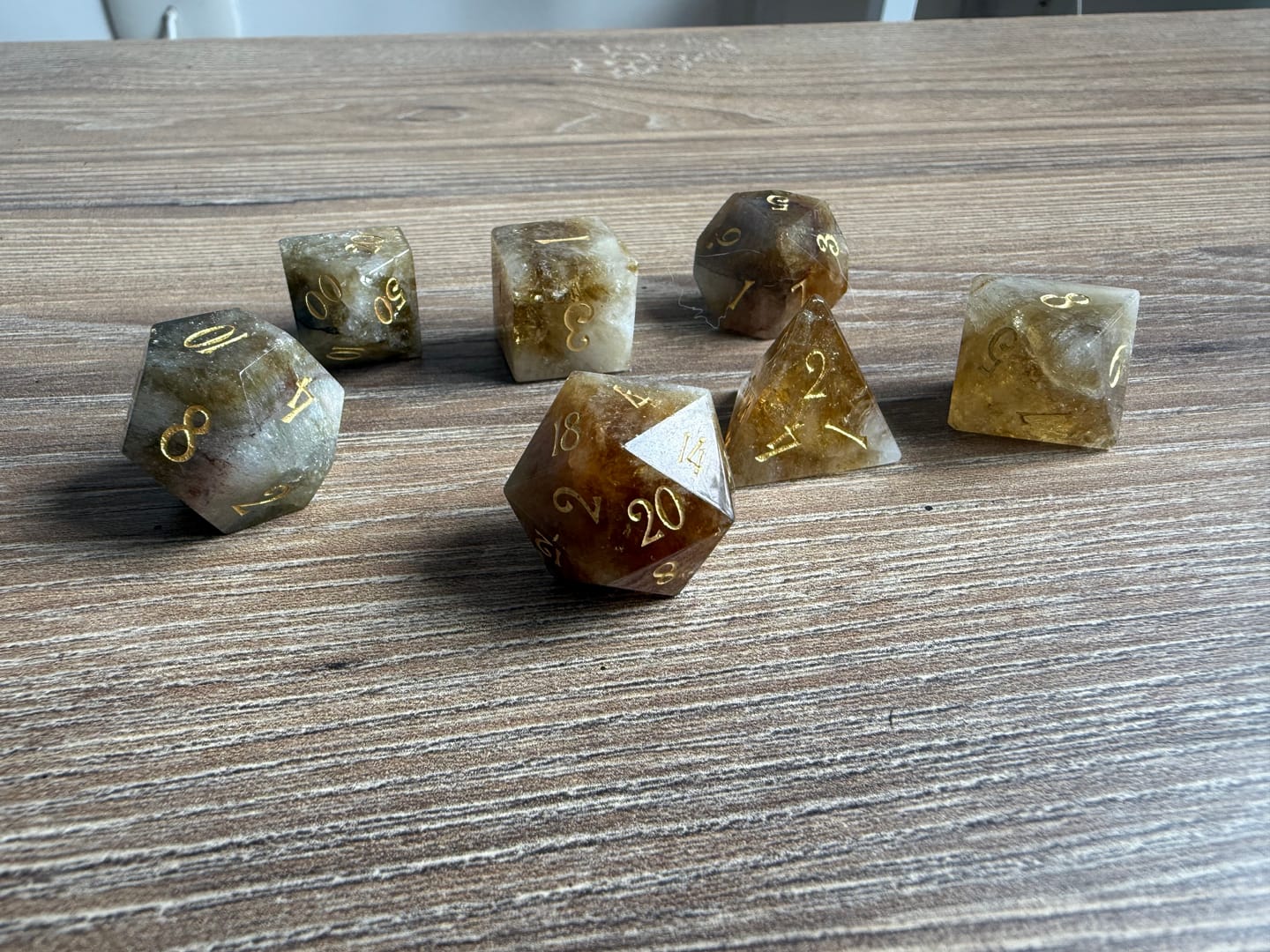 Customer photo review of URWizards D&D Citrine Gemstone Engraved Dice Set(Limited edition)