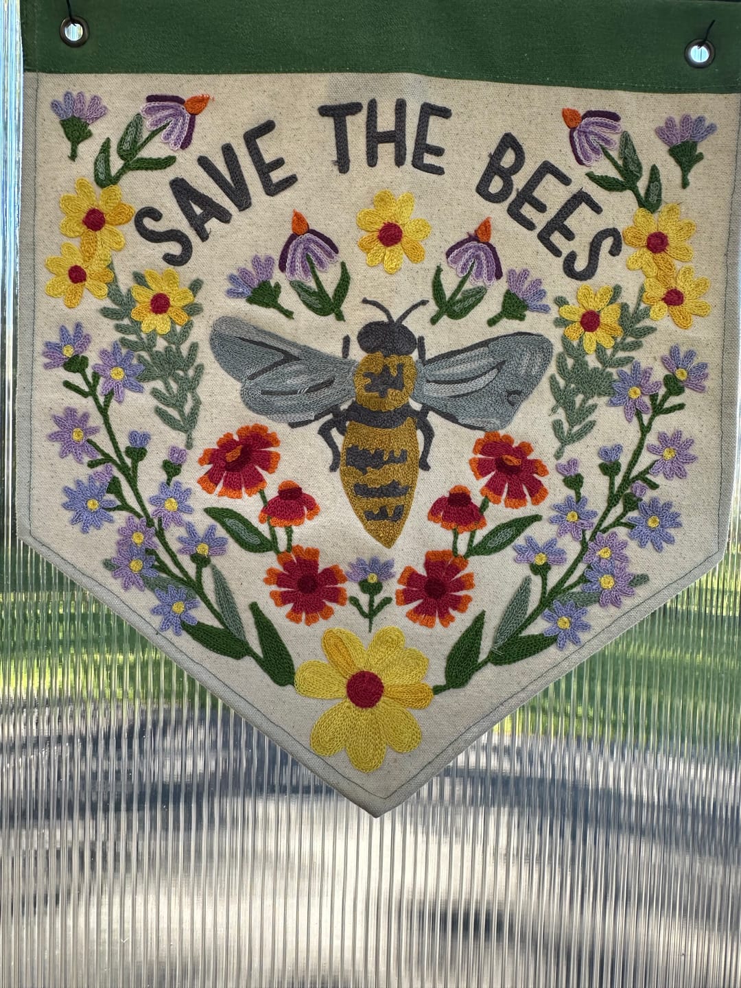 Customer photo review of Save The Bees Embroidered Canvas Banner