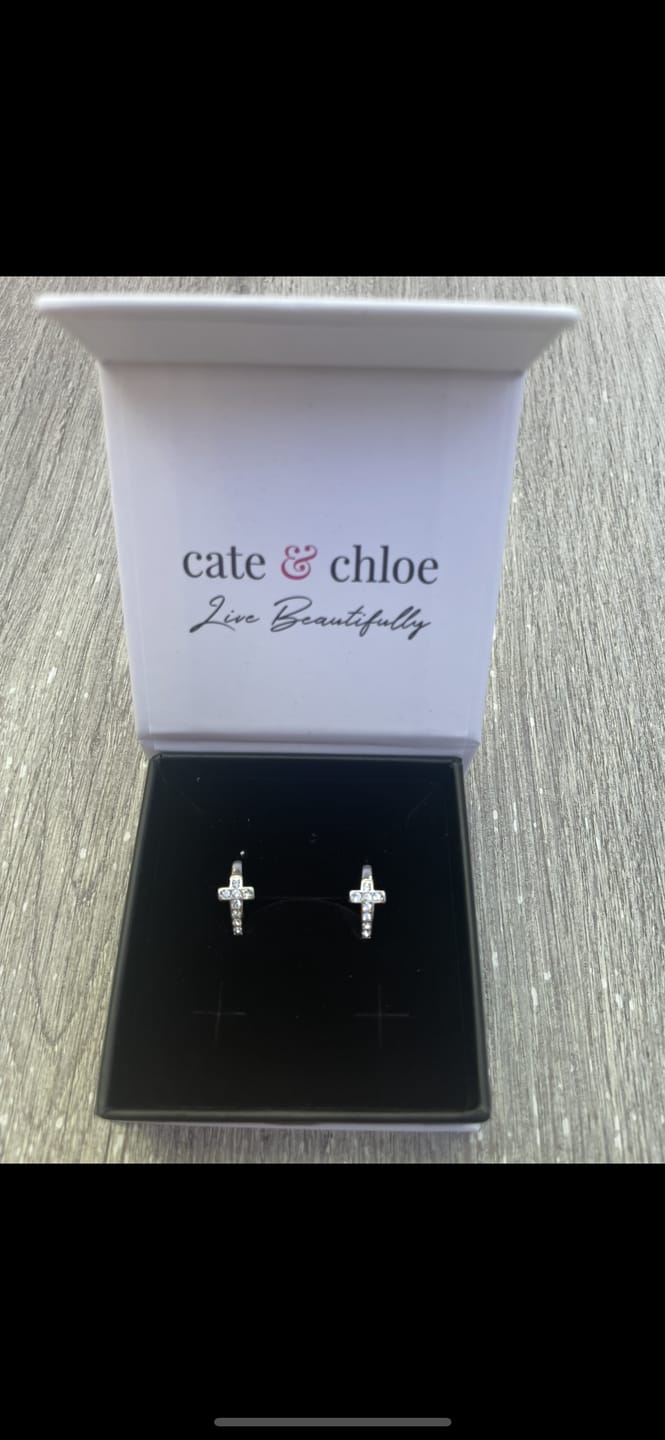 Customer photo review of Danielle 18k White Gold Plated 18mm Hoop Cross Earrings with Swarovski Crystals