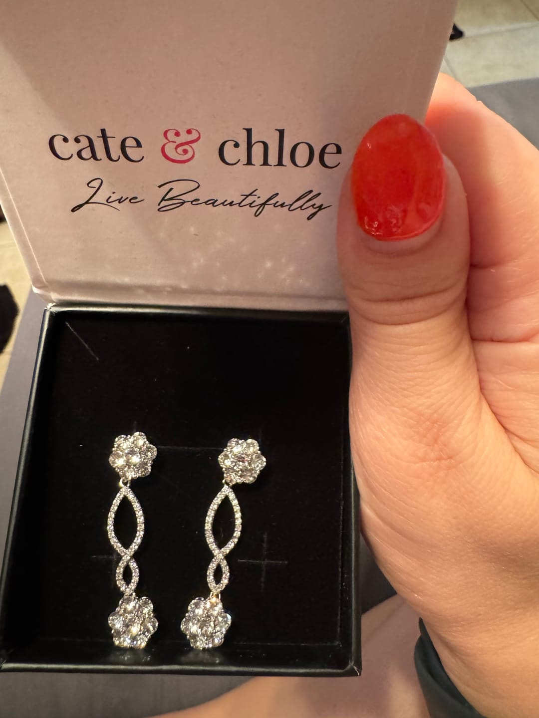 Customer photo review of Jessica 18k White Gold Plated Dangle Earrings with Swarovski Crystals
