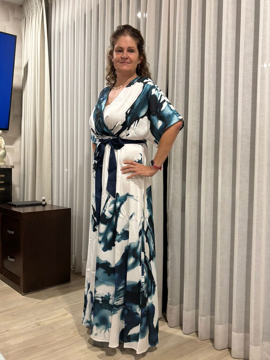 Customer photo review of Batwing Sleeves Loose Printed Tied Waist V-Neck Evening Dresses Maxi Dresses