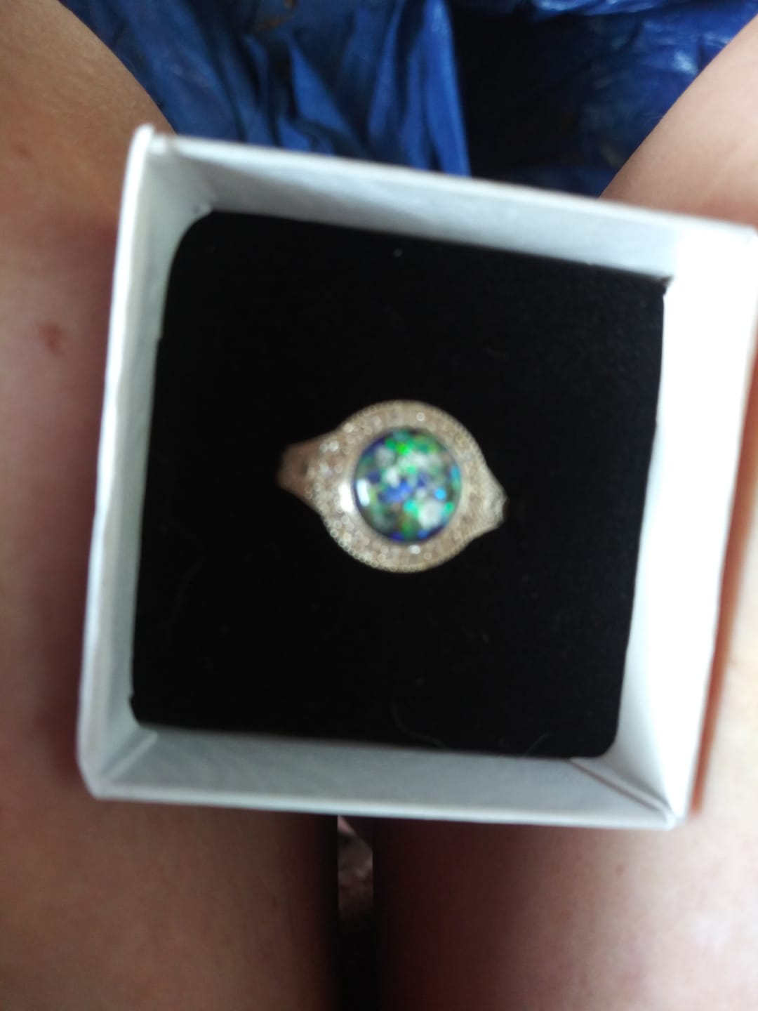 Customer photo review of Bedazzled Filigree Circle Opal Cremation Ring