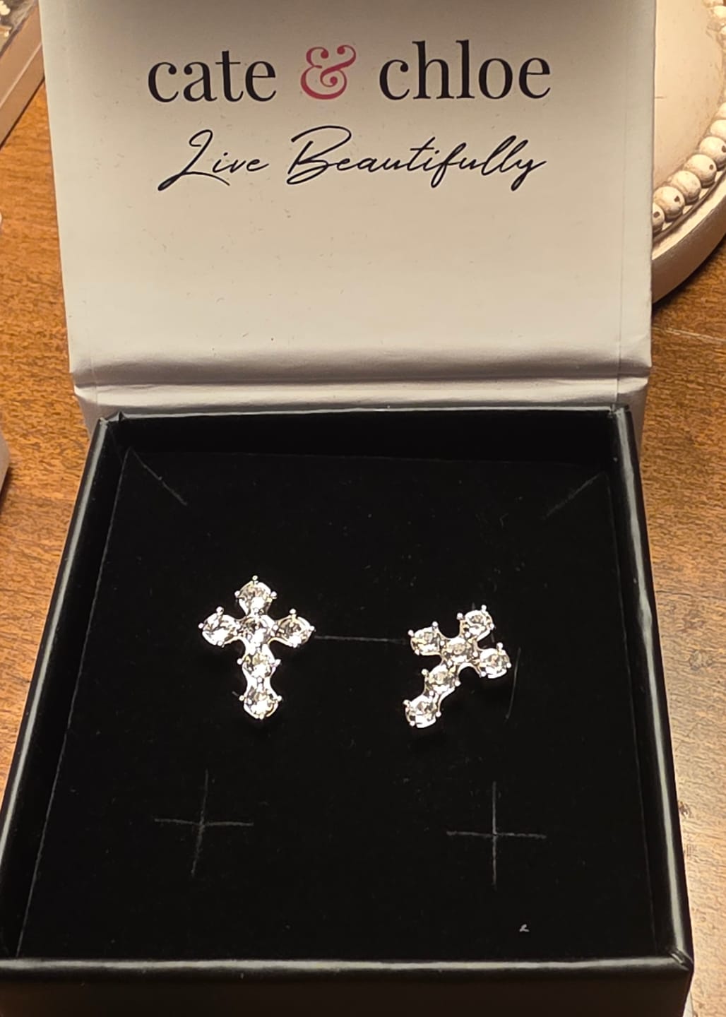 Customer photo review of Marissa 18k White Gold Plated Cross Stud Earrings with Swarovski Crystals