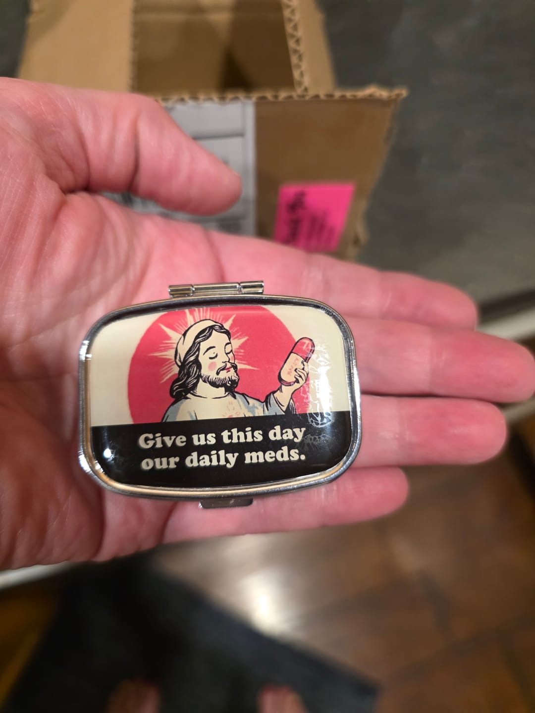 Customer photo review of Give Us This Day Our Daily Meds Metal Pill Tin