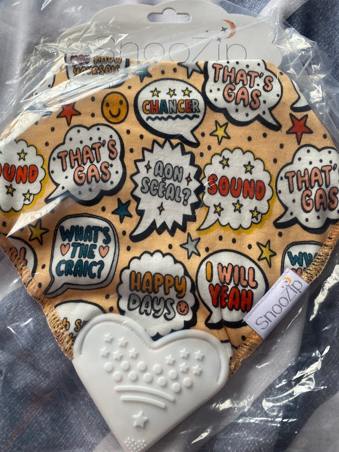 Customer photo review of What's the craic? Teething Bib