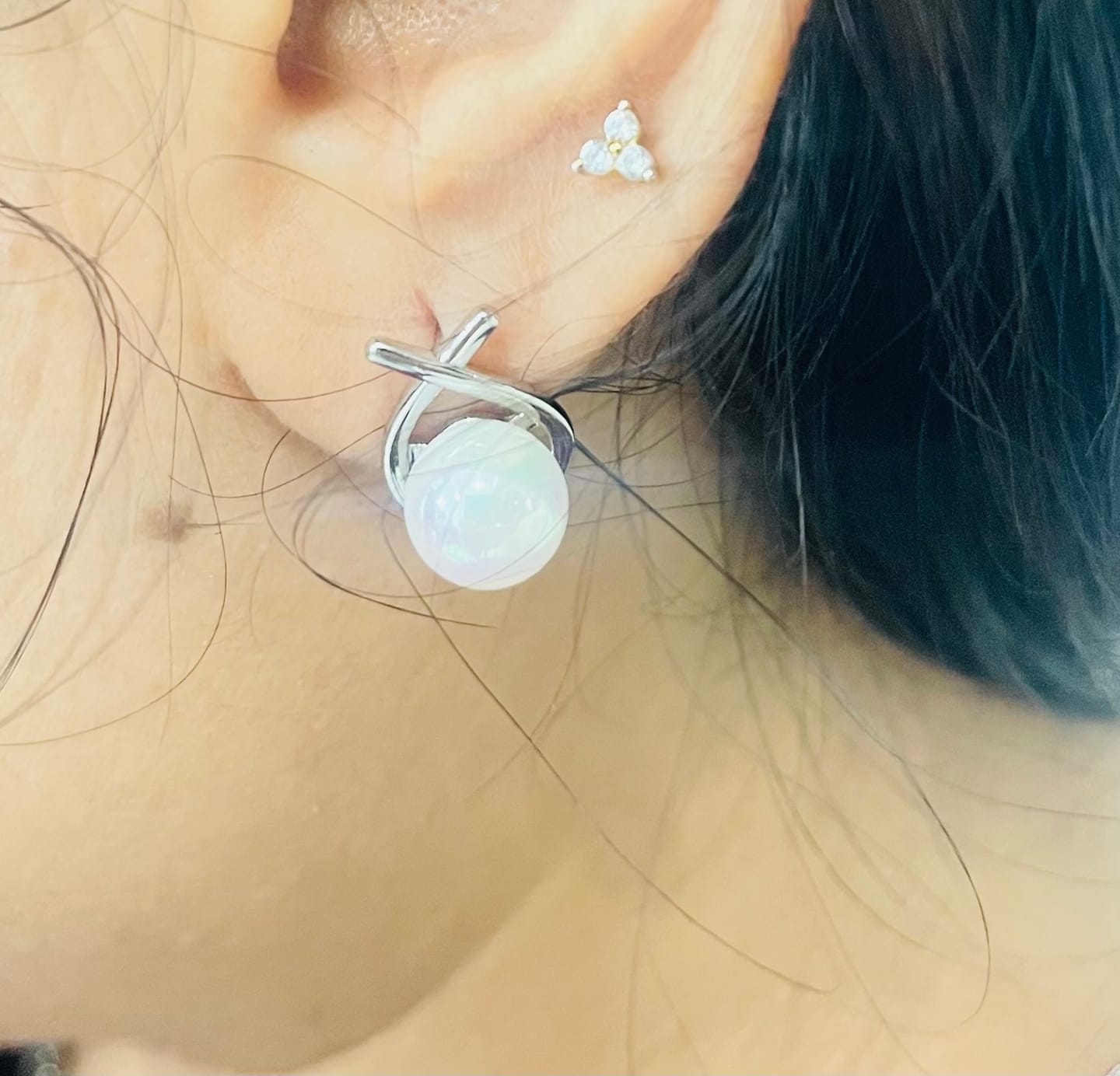 Customer photo review of Greta 18k White Gold Plated Tear drop Pearl Stud Earrings