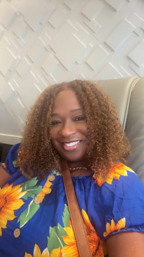 Customer photo review of CurlyMe Wear Go Glueless Highlights Ombre Hair Pre-cut HD Lace Kinky Curly Wig