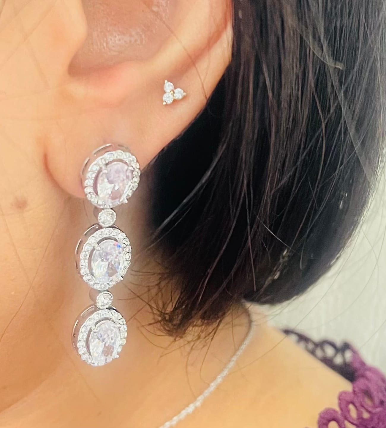 Customer photo review of Lorraine 18k White Gold Plated Dangle Earrings with Simulated Diamond Crystals