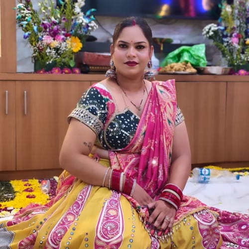 Customer photo review of Yellow-Pink Color Digital Printed Muslin Navratri Lehenga Choli
