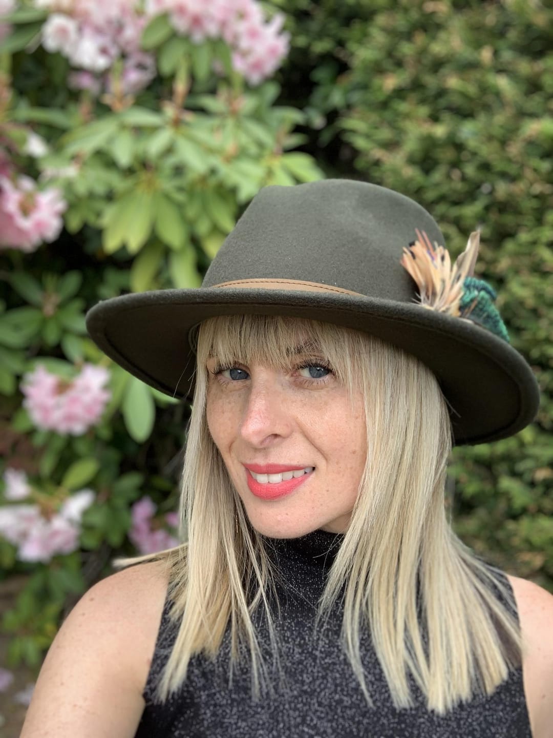 Customer photo review of Olive Fedora with Peacock and Hen Pheasant Pin