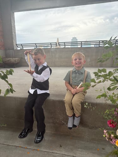 Customer photo review of Dinosaur Bow Tie & Tan Suspenders Set- Ring Bearer or Birthday