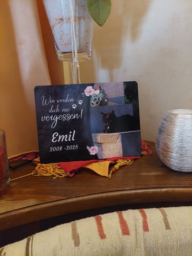 Customer photo review of Katzen Gedenktafel mit Foto & Spruch (UV- & Wetterfest)