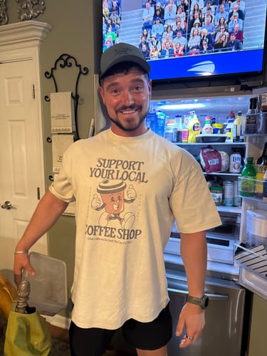 Customer photo review of Support Your Local Coffee Shop Unisex Tee