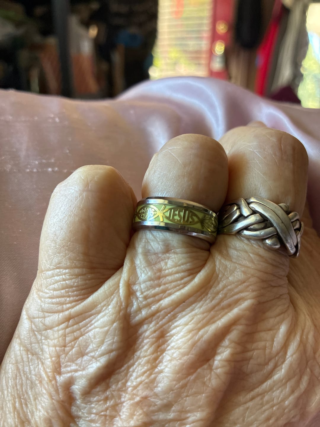 Customer photo review of Christianartworkshop Rustic Stainless Steel Ring: "Jesus" in Fish