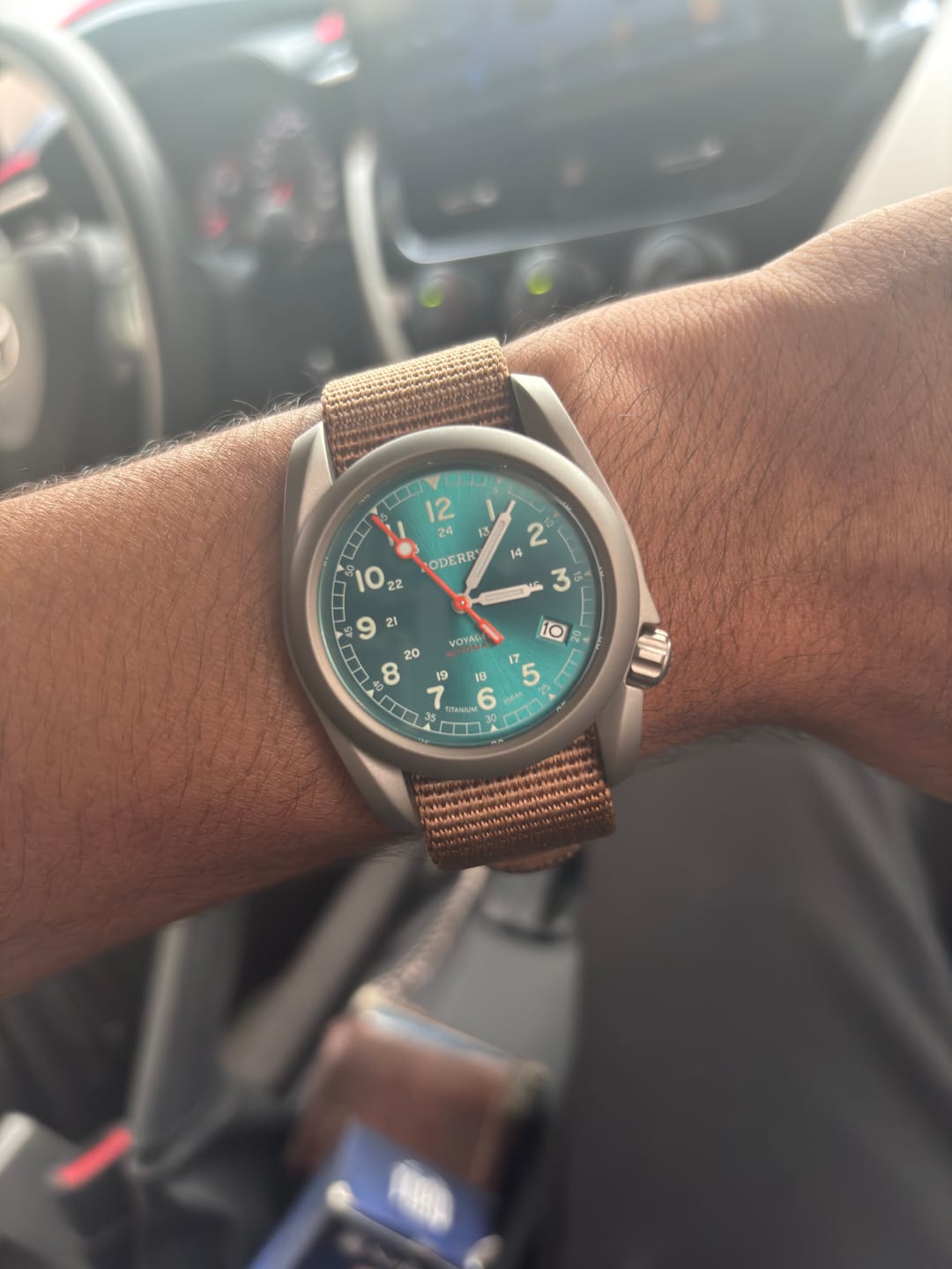 Customer photo review of VOYAGER - 100M Waterproof Titanium Automatic Field Watch | Peacock Green