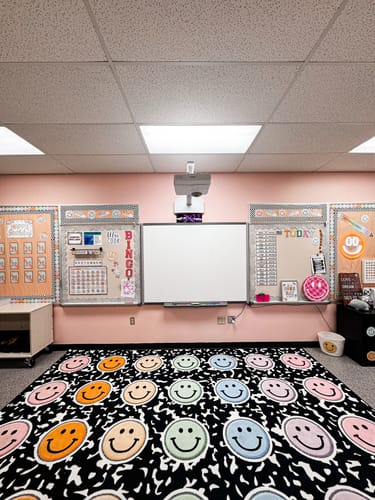 Customer photo review of Composition Notebook with Smiley Sit Spots Classroom Rug by Schoolgirl Style