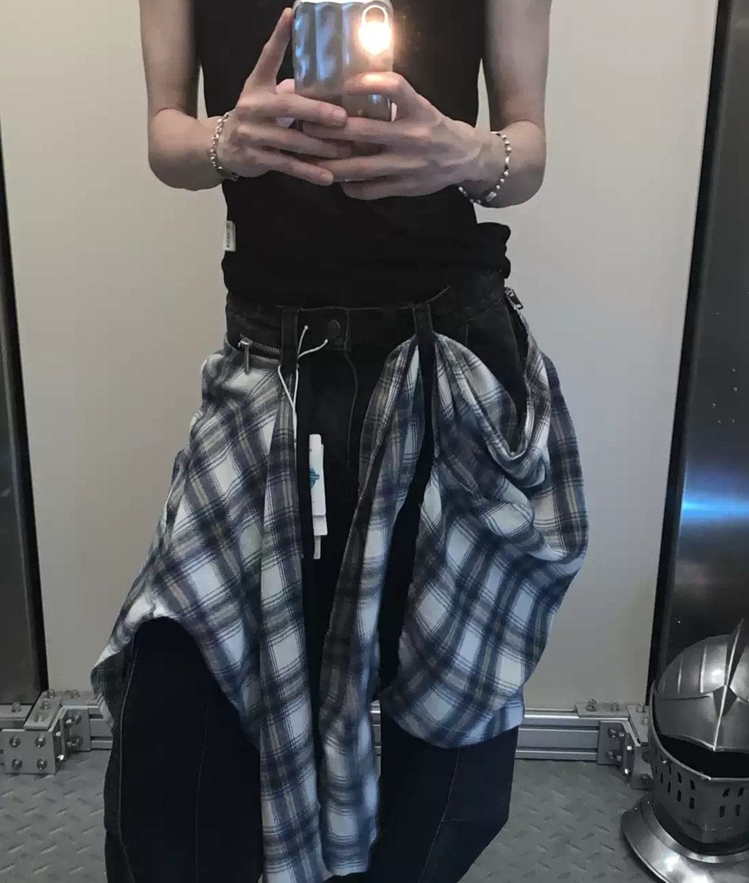 Customer photo review of Denim Faux Two-piece Plaid Detachable Scimitar Jeans - 2435