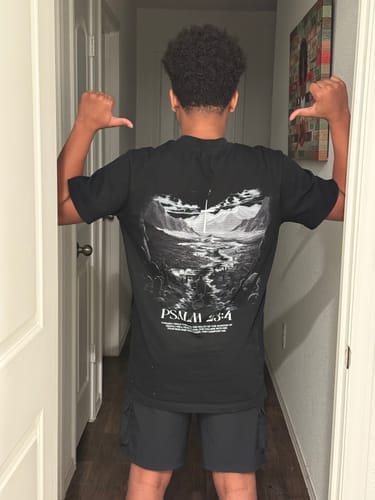 Customer photo review of Psalm 23:4 Shadow of Death Oversized T-Shirt