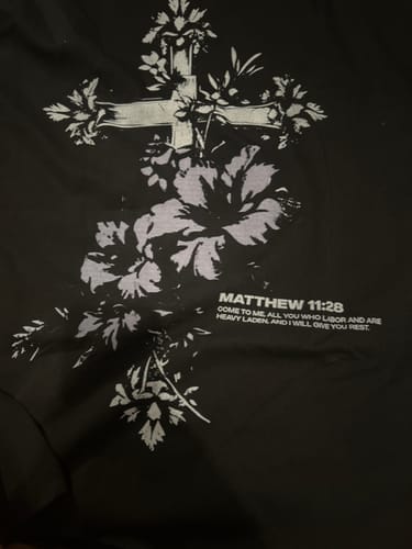 Customer photo review of Matthew 11:28 Floral Cross Oversized T-Shirt