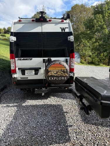 Customer photo review of Adventure Awaits + Explore Mountain Custom Tire Cover for Jeep, RV, Camper, & More
