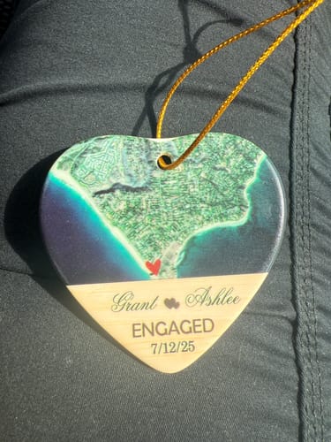Customer photo review of Engagement Ornament - Custom Map & Photo Gift Heart-shaped Ceramic Ornament