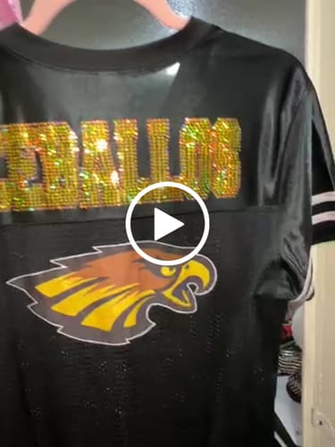 Customer video review of Custom WORD with Outline STRAIGHT SPANGLE ( TWO TRANSFERS )