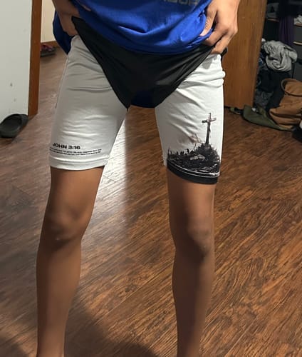 Customer photo review of John 3:16 'The Cross' Youth Performance Shorts