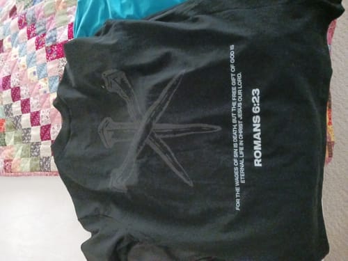 Customer photo review of Romans 6:23 Three Nails Oversized T-Shirt