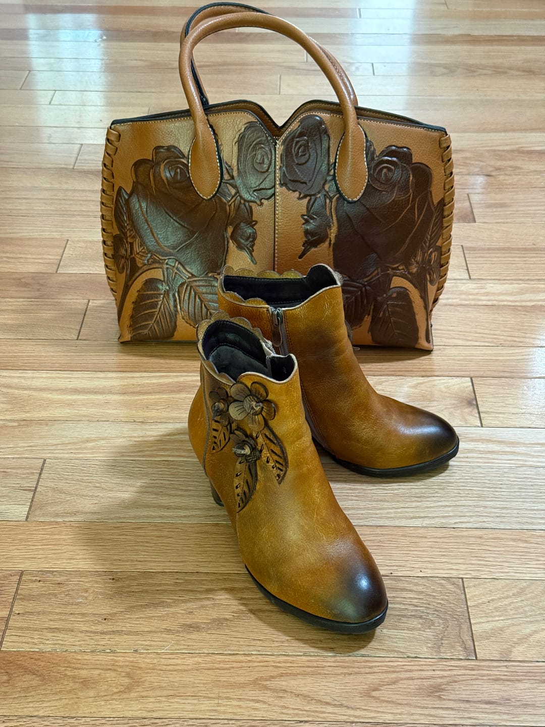 Customer photo review of Retro Handmade Floral Leather Solid Color Ankle Boots