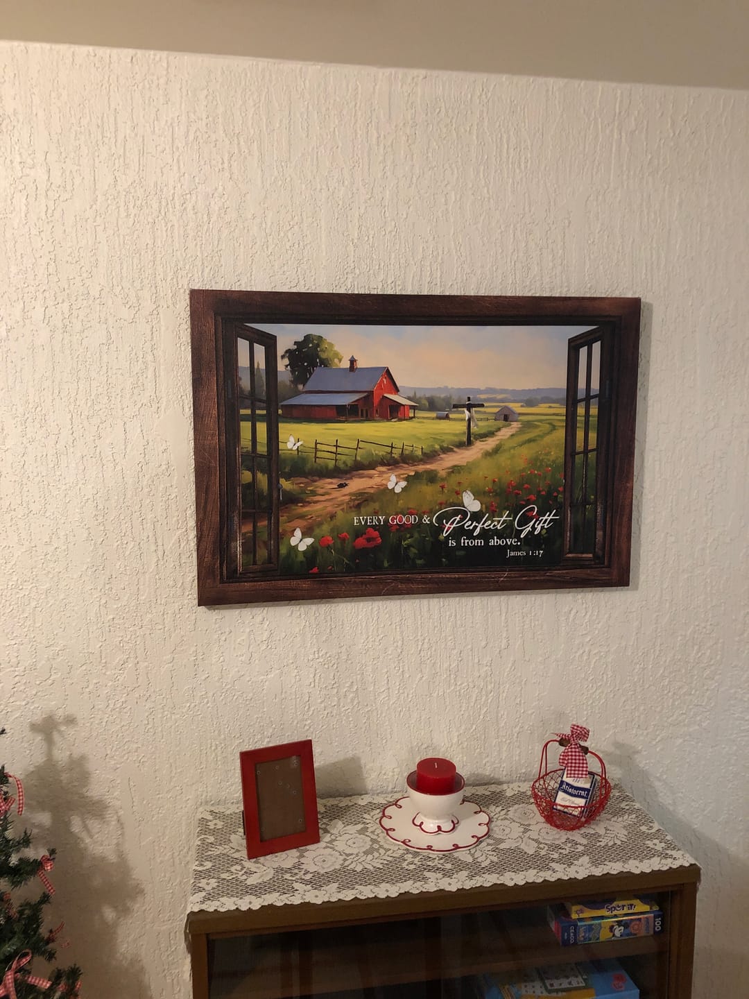 Customer photo review of James 1:17 Every Good and Perfect Gift is From Above, Red Barn in Field, Wall Art Canvas