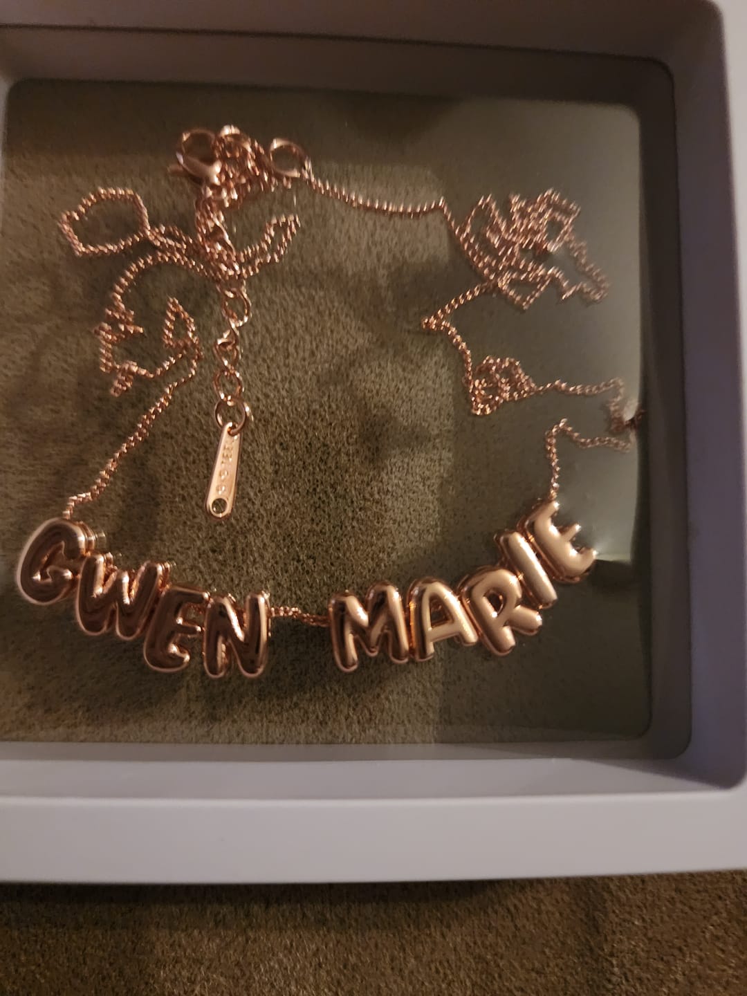 Customer photo review of Engraved Rose Bar Necklace