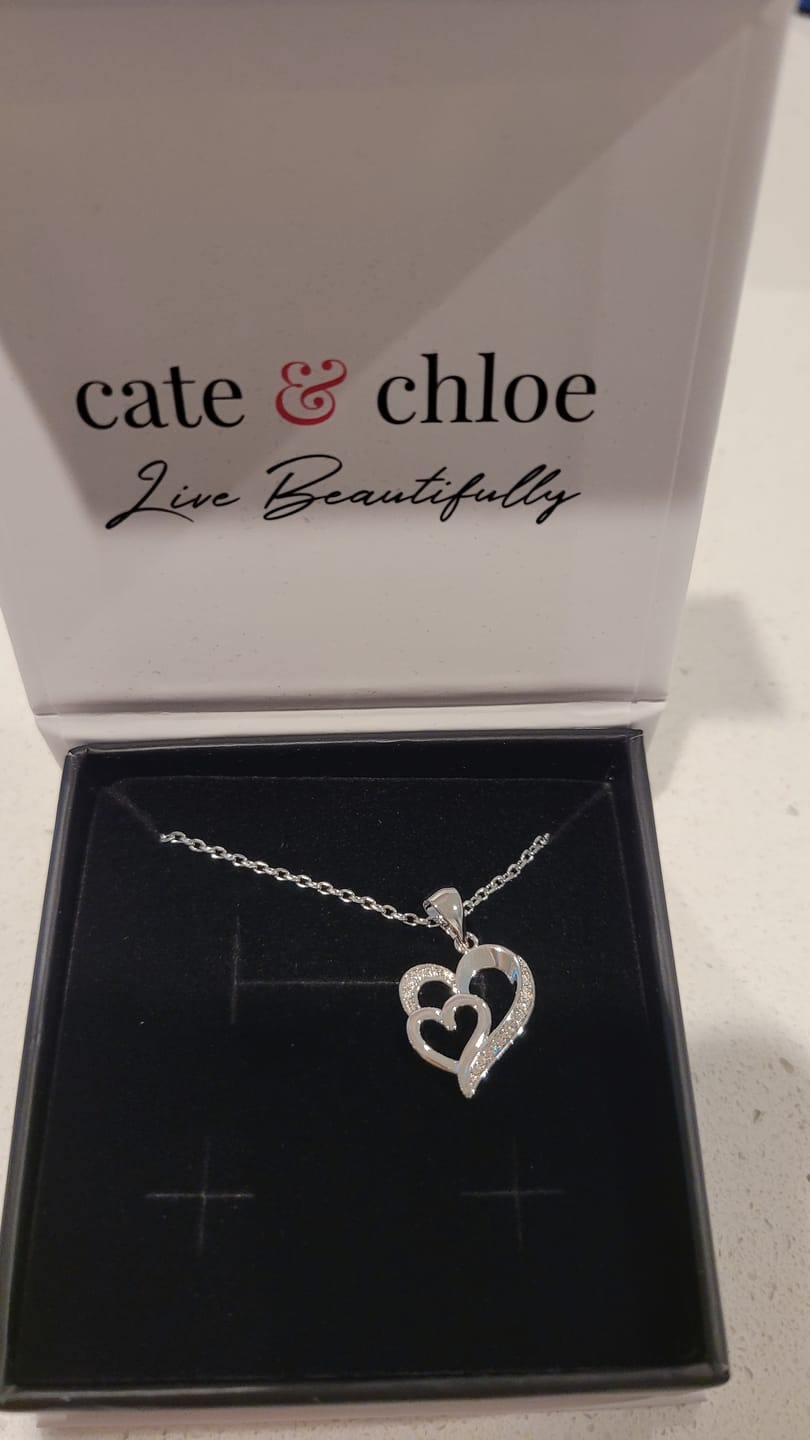 Customer photo review of Jennifer 18k White Gold Plated Double Heart Necklace with Swarovski Crystals