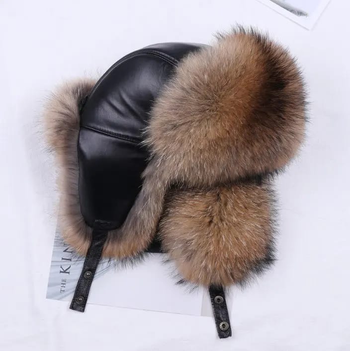 Customer photo review of Fox Fur Bomber Hat With Raccoon Fur Trim And Leather Lining — Silver Gray | KIMLUD