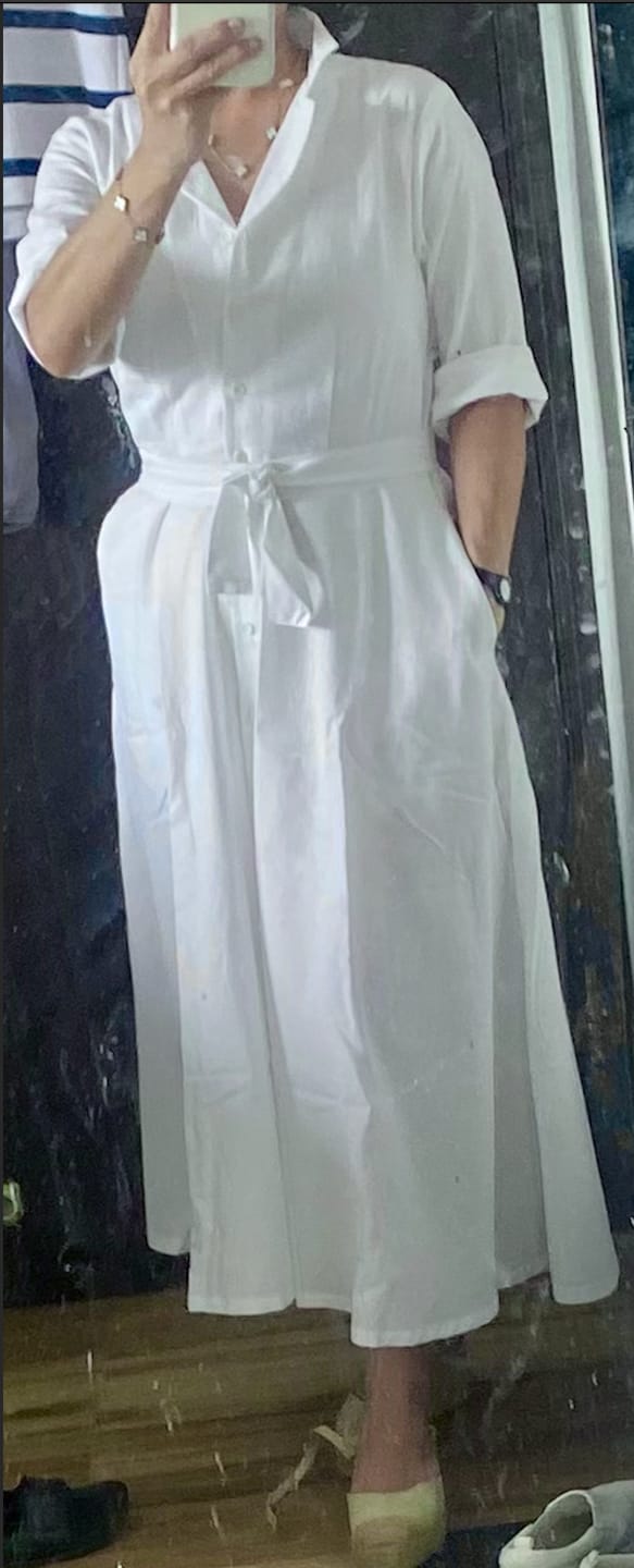 Customer photo review of Women White Airy Linen Flared Dress