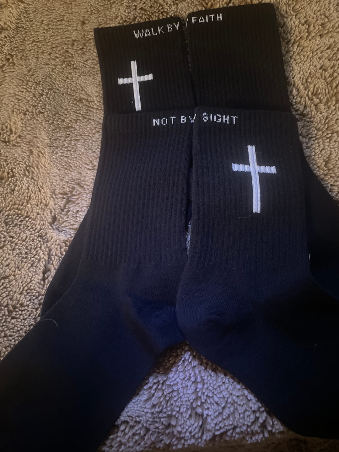 Customer photo review of Christianartworkshop Christian Faith Cotton Socks — WALK BY FAITH, NOT BY SIGHT