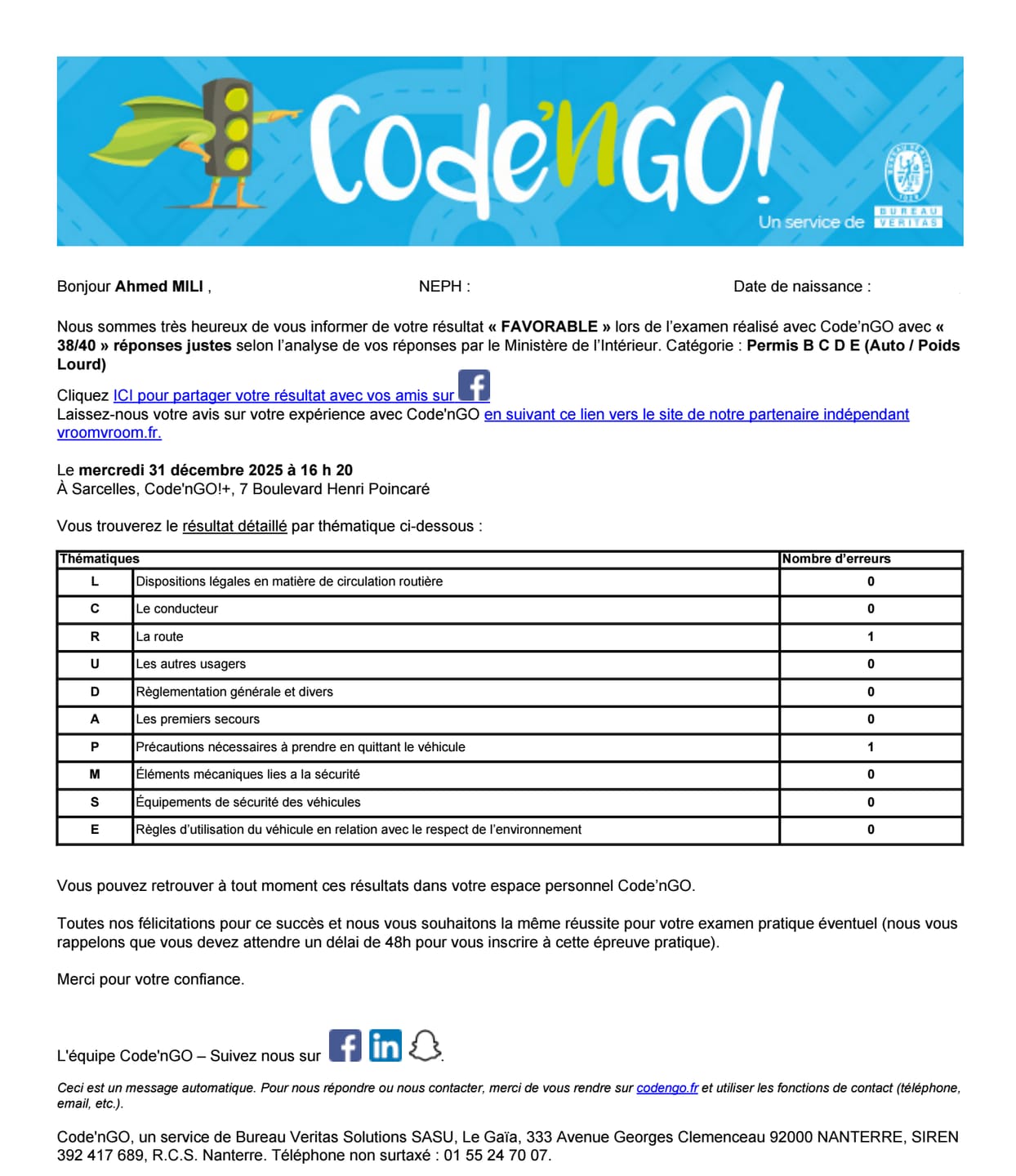 Customer photo review of ENTRAÎNEMENT AU CODE DE LA ROUTE POUR 20€