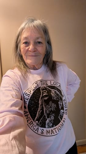 Customer wearing the pink Respect The Locals Bigfoot Long Sleeve Tee.