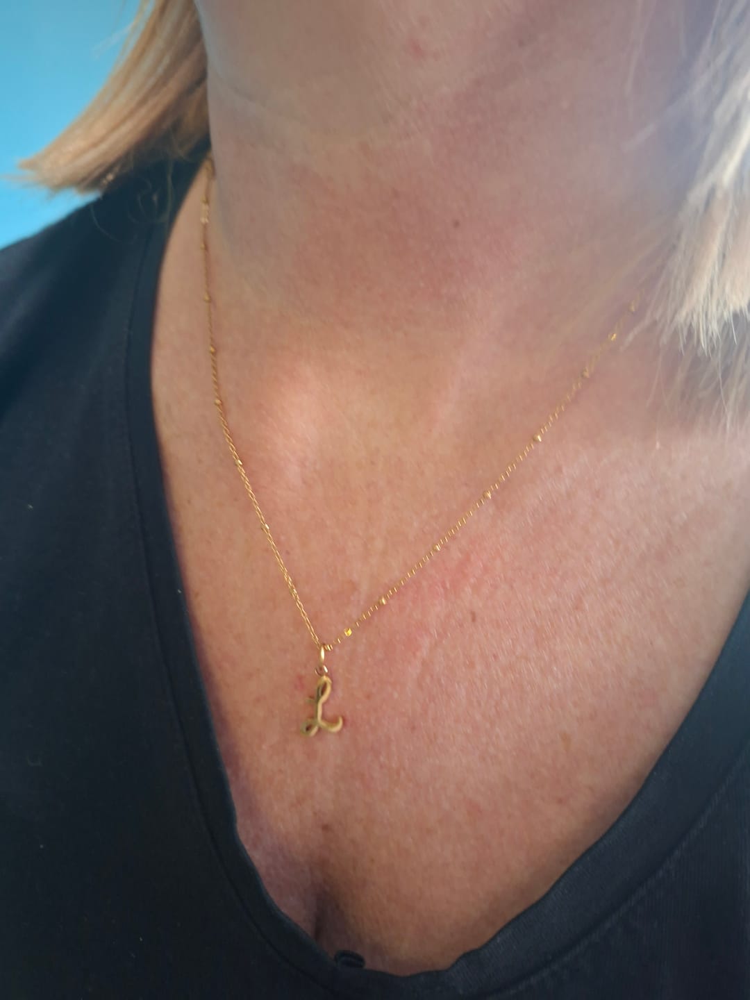 Customer photo review of L Script Initial Necklace + FREE Allure Hoops Gold