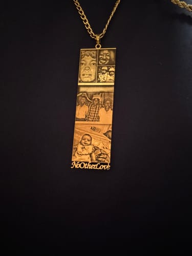Reviewer's gold Custom Photo Engraved Pendant Necklace with an engraved photo collage and custom text.