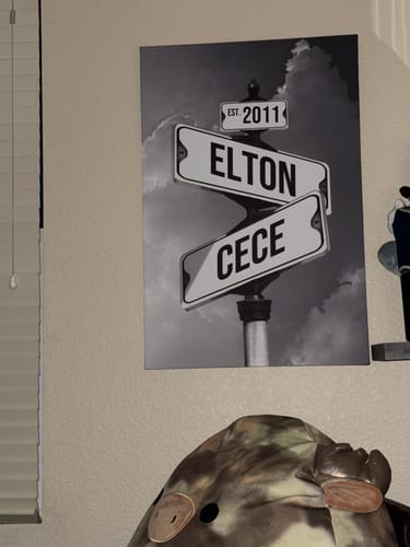 Customer's black and white COUPLES DATE OF LOVE canvas showing street signs with the names 'Elton', 'Cece', and 'EST. 2011'.