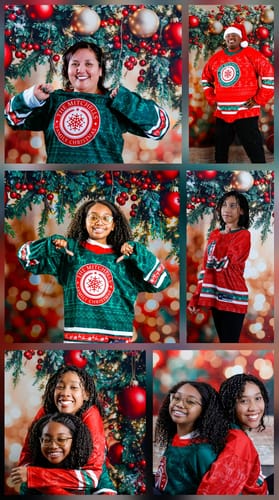 A customer's photo collage showing their family wearing red and green Family Christmas Custom Hockey Jerseys for festive photos.