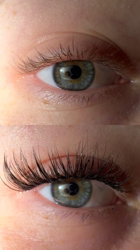 Kundenfoto im Vorher-Nachher-Vergleich, das lange, volle Wimpern aus dem persönlichen Starter Kit zeigt.