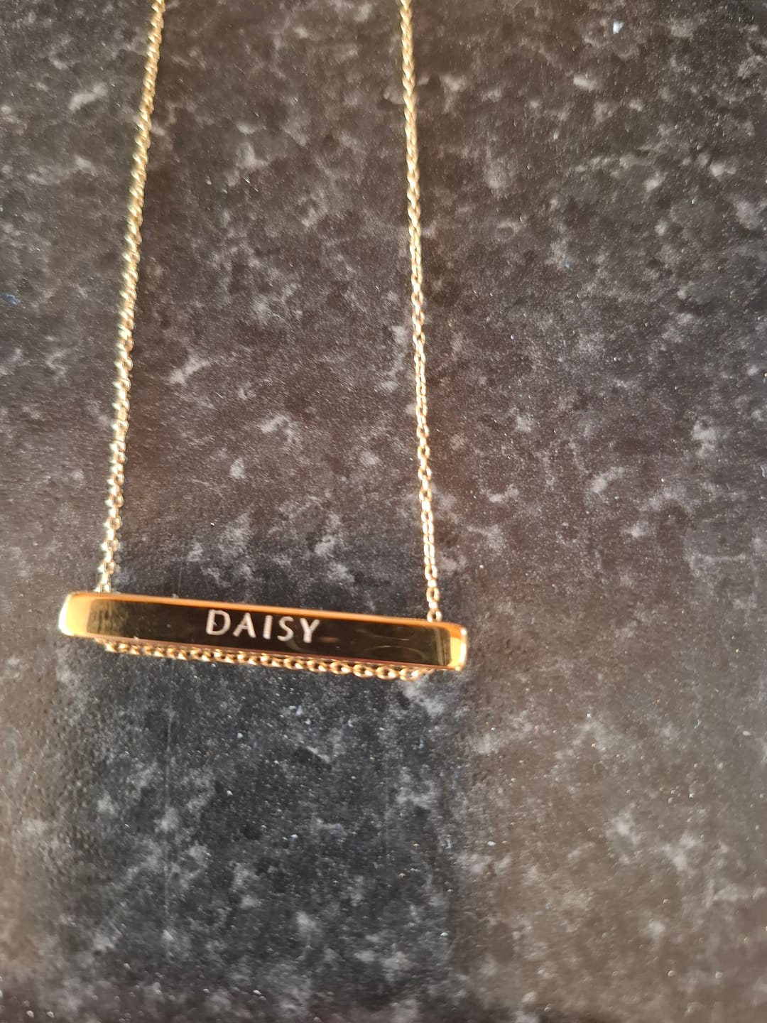 Customer photo review of 4cm Letter Bar Necklace in Gold Horizontal