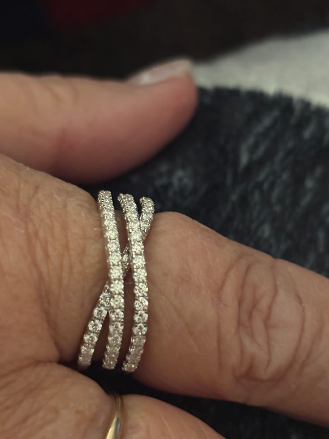 Customer photo review of Triple Criss-Cross Moissanite Pave Half Eternity Wedding Band Ring