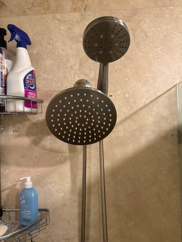 Customer's dark metallic 3-Spray Dual Shower Head Set installed in a tiled shower.