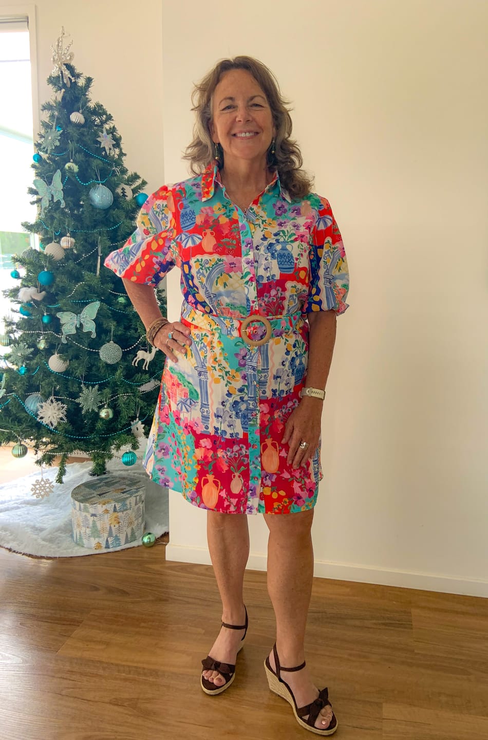 Customer photo review of Casa Rose Shirt Dress in Multi Resort Linen Blend