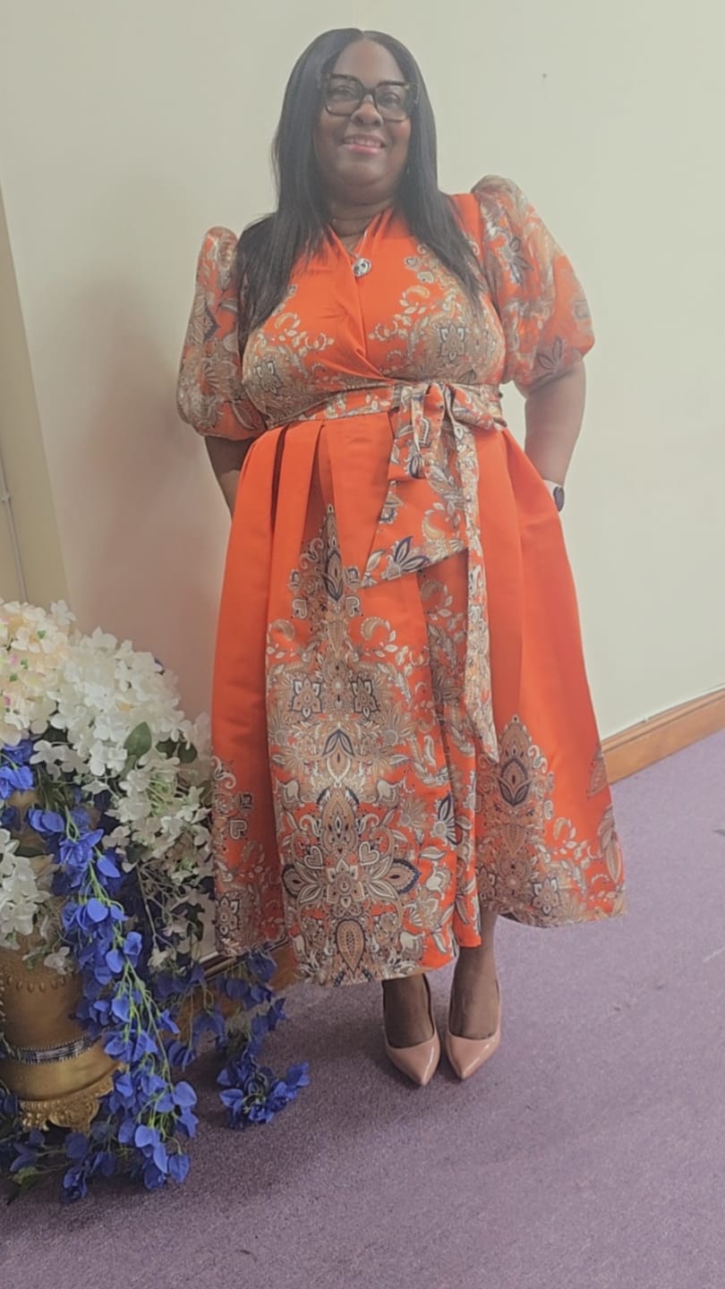 Customer photo review of HELLO ELEGANCE WRAP PUFF SLEEVE MIDI DRESS (Orange)
